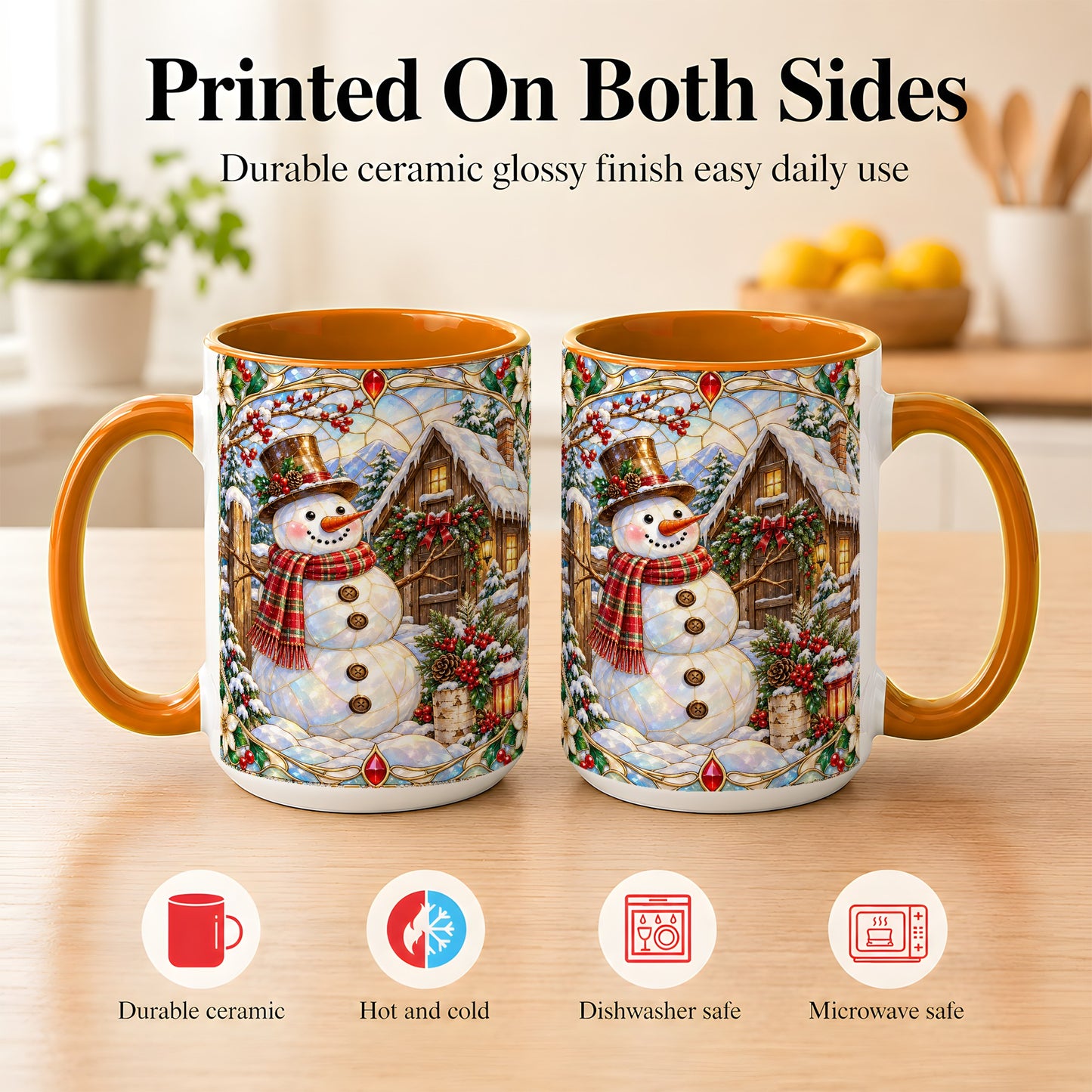 #pl[15oz|Orange] Stained Glass Snowman Coffee Mug, Winter Cabin Mug, Ceramic Cup