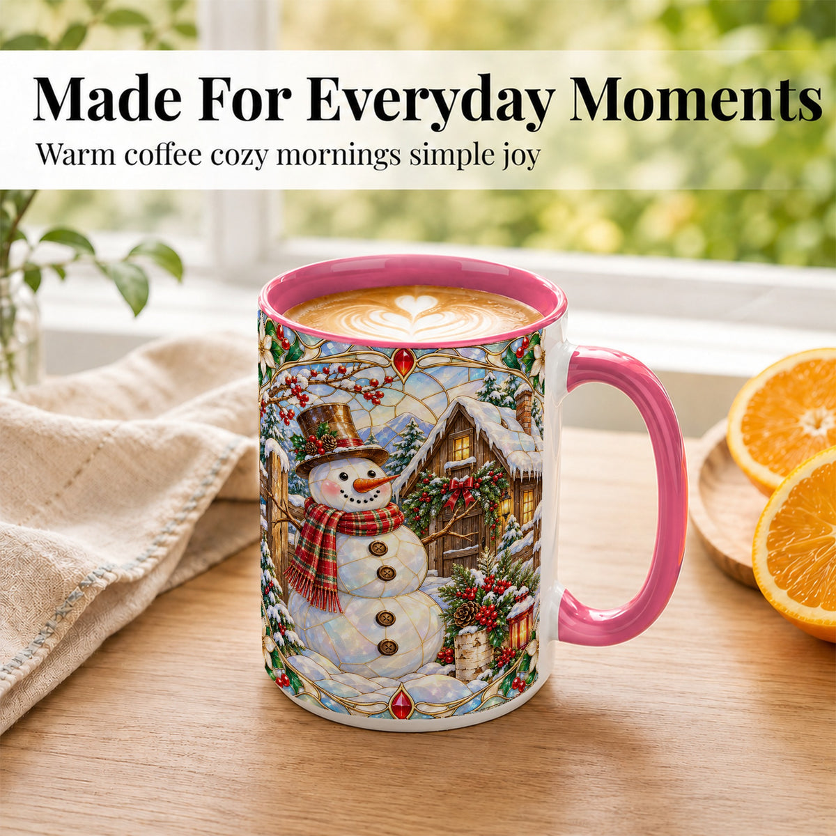 #pl[15oz|Pink] Stained Glass Snowman Coffee Mug, Winter Cabin Mug, Ceramic Cup