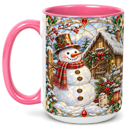 #pl[15oz|Pink] Stained Glass Snowman Coffee Mug, Winter Cabin Mug, Ceramic Cup