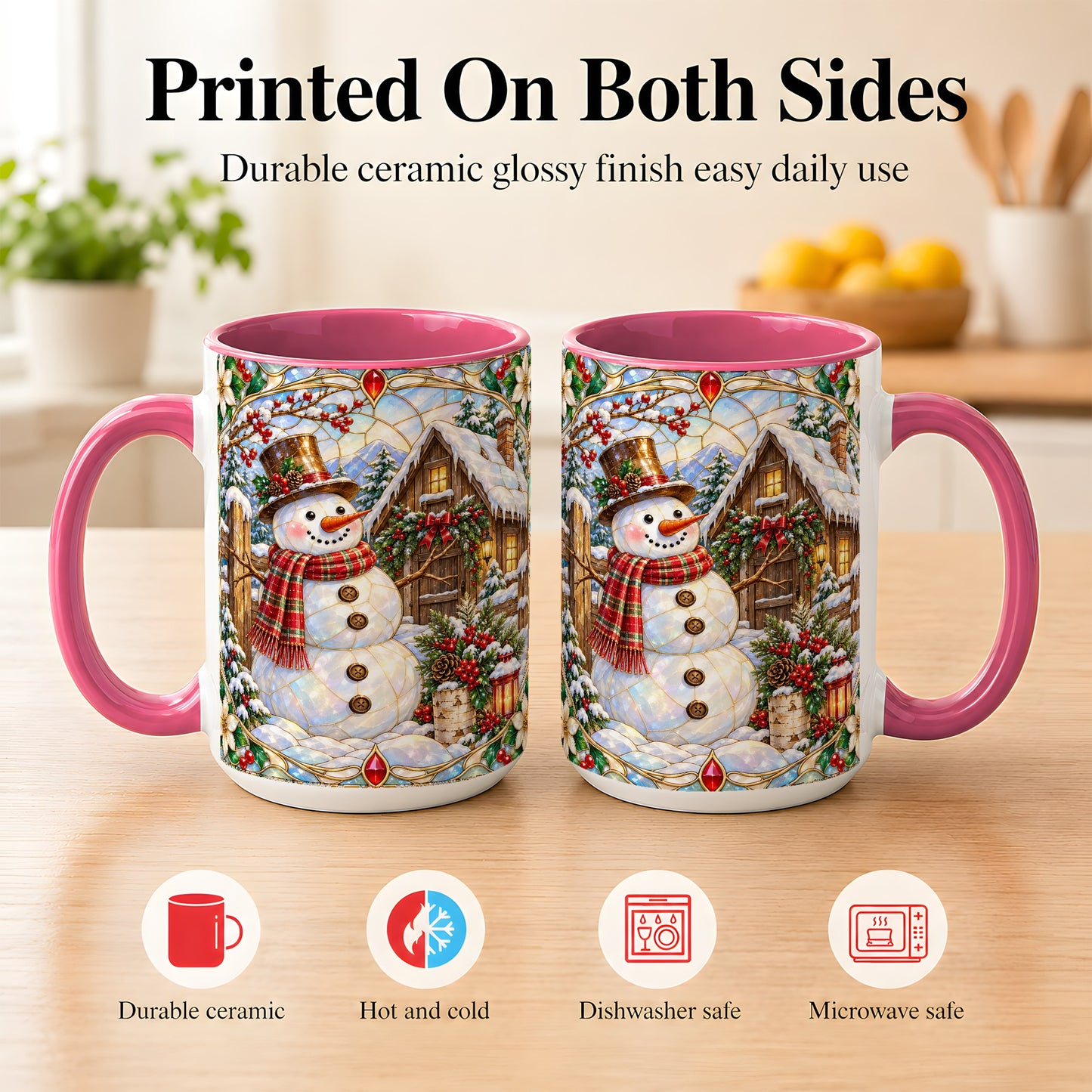 #pl[15oz|Pink] Stained Glass Snowman Coffee Mug, Winter Cabin Mug, Ceramic Cup