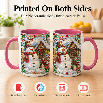 #pl[15oz|Pink] Stained Glass Snowman Coffee Mug, Winter Cabin Mug, Ceramic Cup