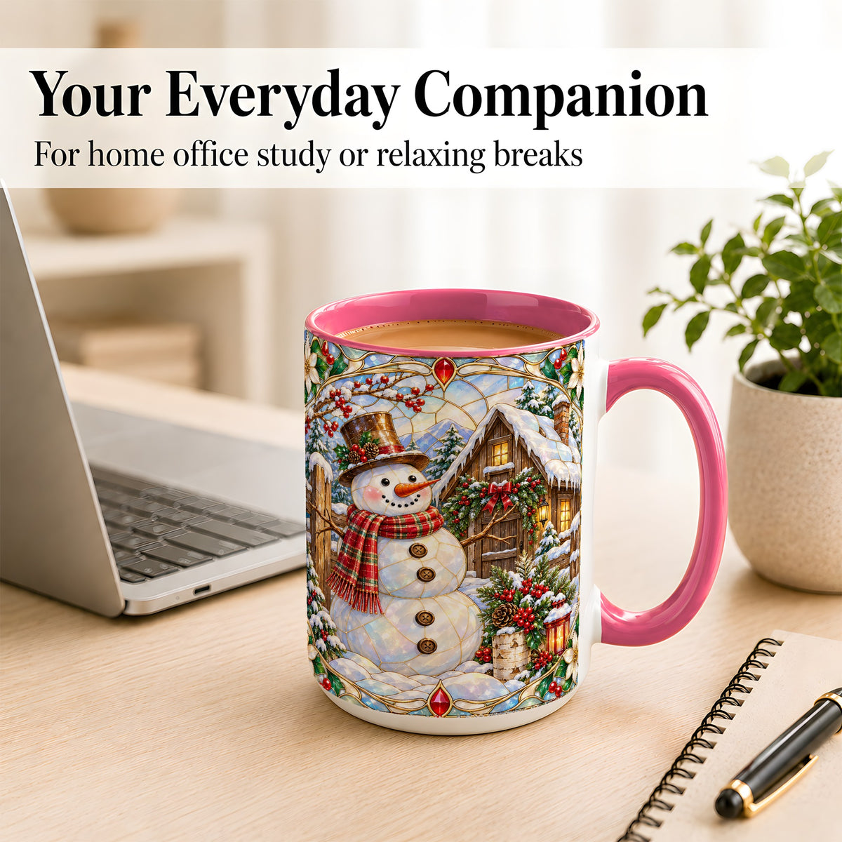 #pl[15oz|Pink] Stained Glass Snowman Coffee Mug, Winter Cabin Mug, Ceramic Cup