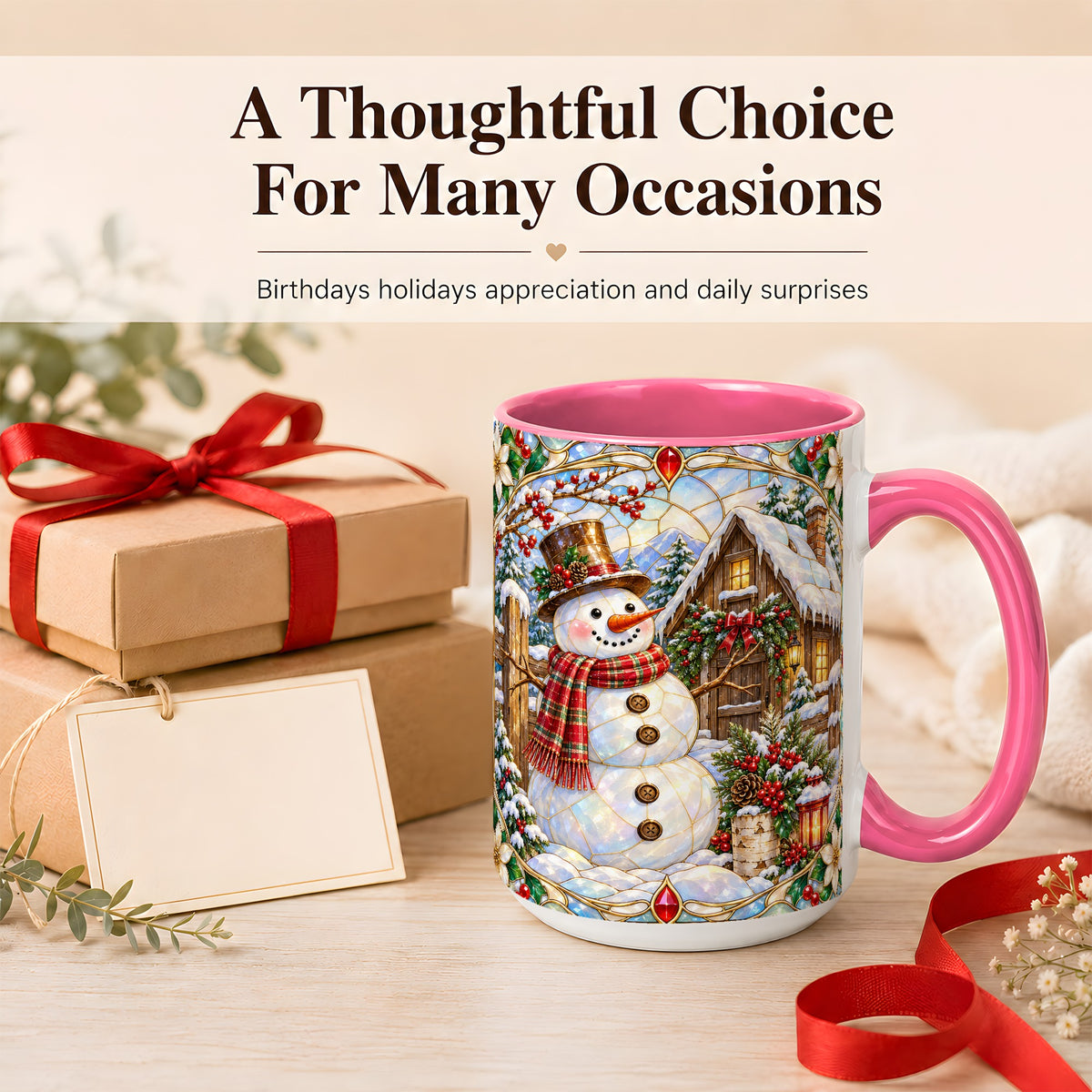 #pl[15oz|Pink] Stained Glass Snowman Coffee Mug, Winter Cabin Mug, Ceramic Cup
