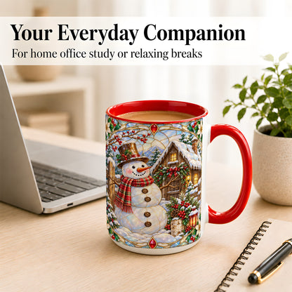 #pl[15oz|Red] Stained Glass Snowman Coffee Mug, Winter Cabin Mug, Ceramic Cup
