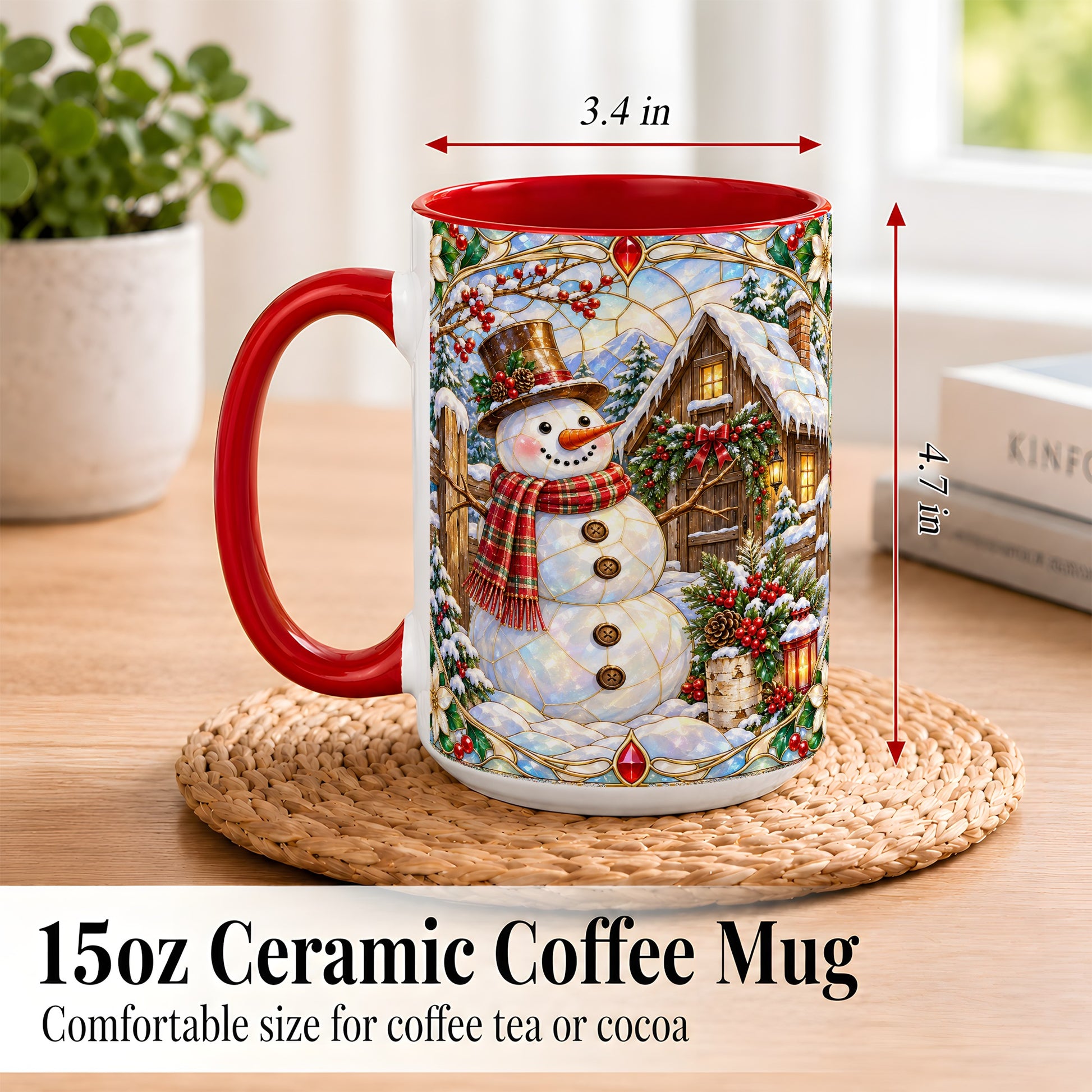 #pl[15oz|Red] Stained Glass Snowman Coffee Mug, Winter Cabin Mug, Ceramic Cup