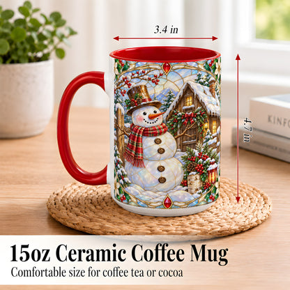 #pl[15oz|Red] Stained Glass Snowman Coffee Mug, Winter Cabin Mug, Ceramic Cup