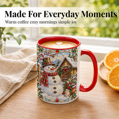 #pl[15oz|Red] Stained Glass Snowman Coffee Mug, Winter Cabin Mug, Ceramic Cup