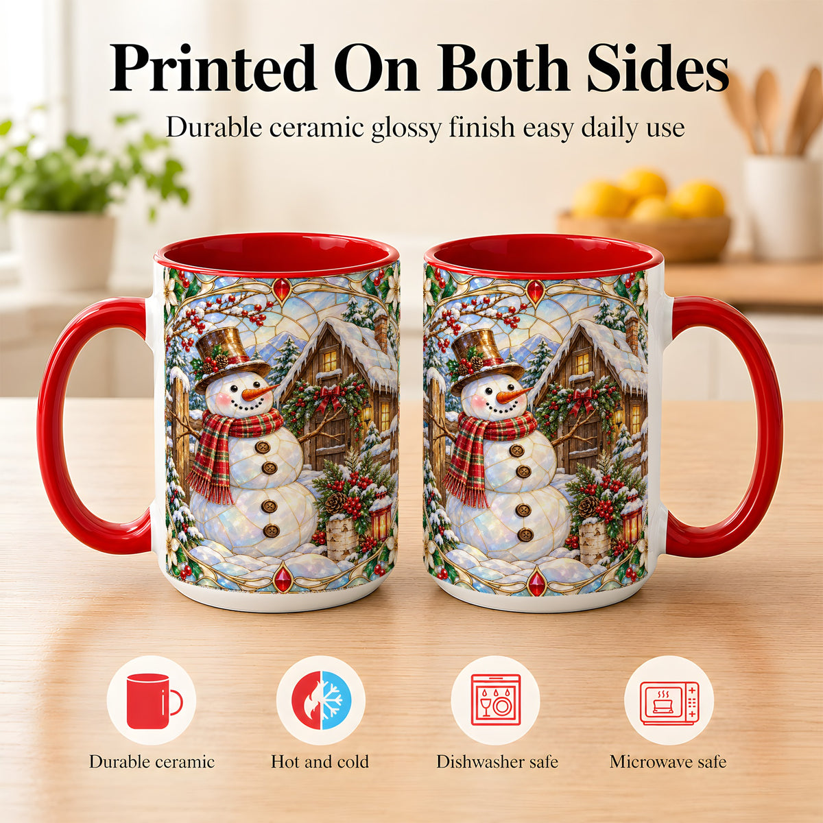 #pl[15oz|Red] Stained Glass Snowman Coffee Mug, Winter Cabin Mug, Ceramic Cup
