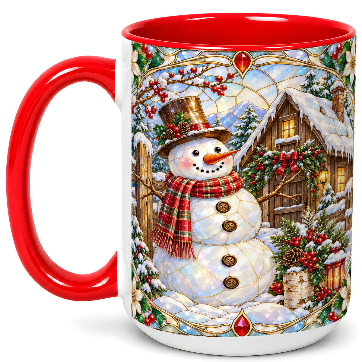 #pl[15oz|Red] Stained Glass Snowman Coffee Mug, Winter Cabin Mug, Ceramic Cup