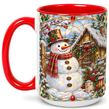 #pl[15oz|Red] Stained Glass Snowman Coffee Mug, Winter Cabin Mug, Ceramic Cup