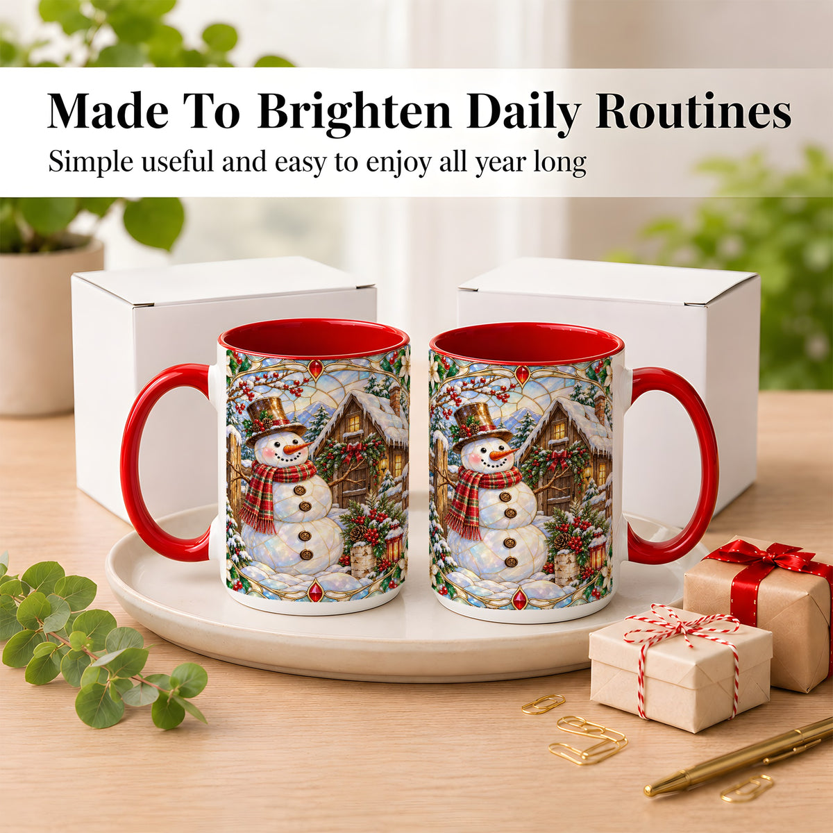 #pl[15oz|Red] Stained Glass Snowman Coffee Mug, Winter Cabin Mug, Ceramic Cup