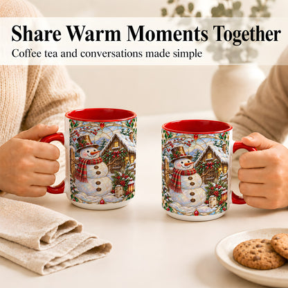 #pl[15oz|Red] Stained Glass Snowman Coffee Mug, Winter Cabin Mug, Ceramic Cup