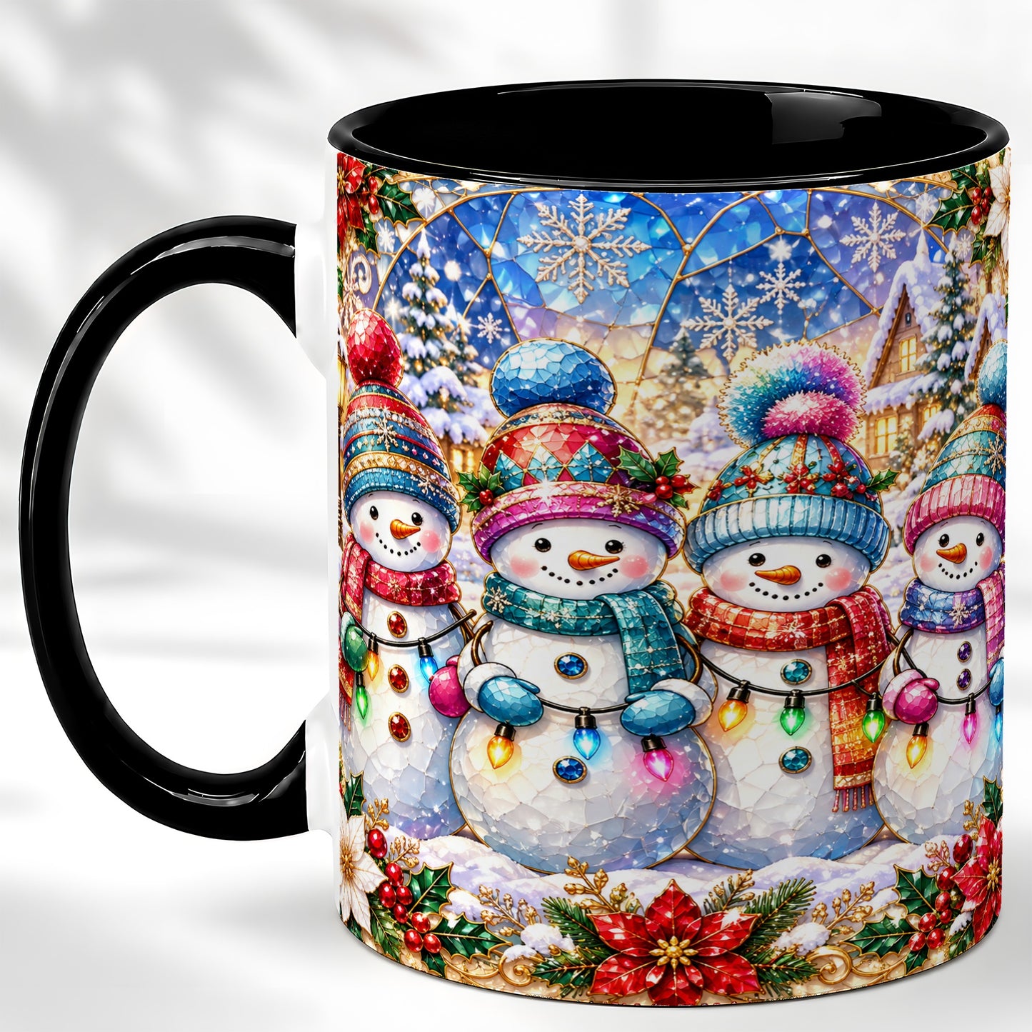 #pl[11oz|Black] Colorful Snowman Family Coffee Mug, Winter Lights Mug, Ceramic Cup
