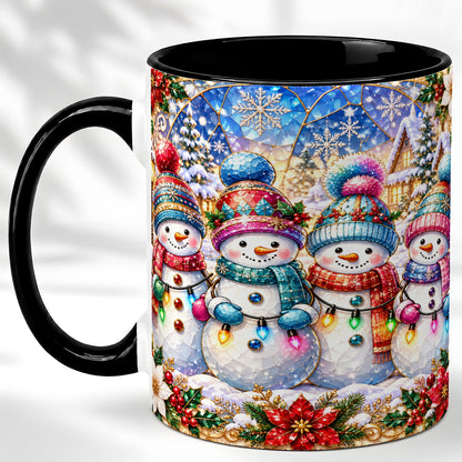 #pl[11oz|Black] Colorful Snowman Family Coffee Mug, Winter Lights Mug, Ceramic Cup