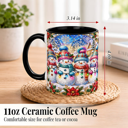 #pl[11oz|Black] Colorful Snowman Family Coffee Mug, Winter Lights Mug, Ceramic Cup