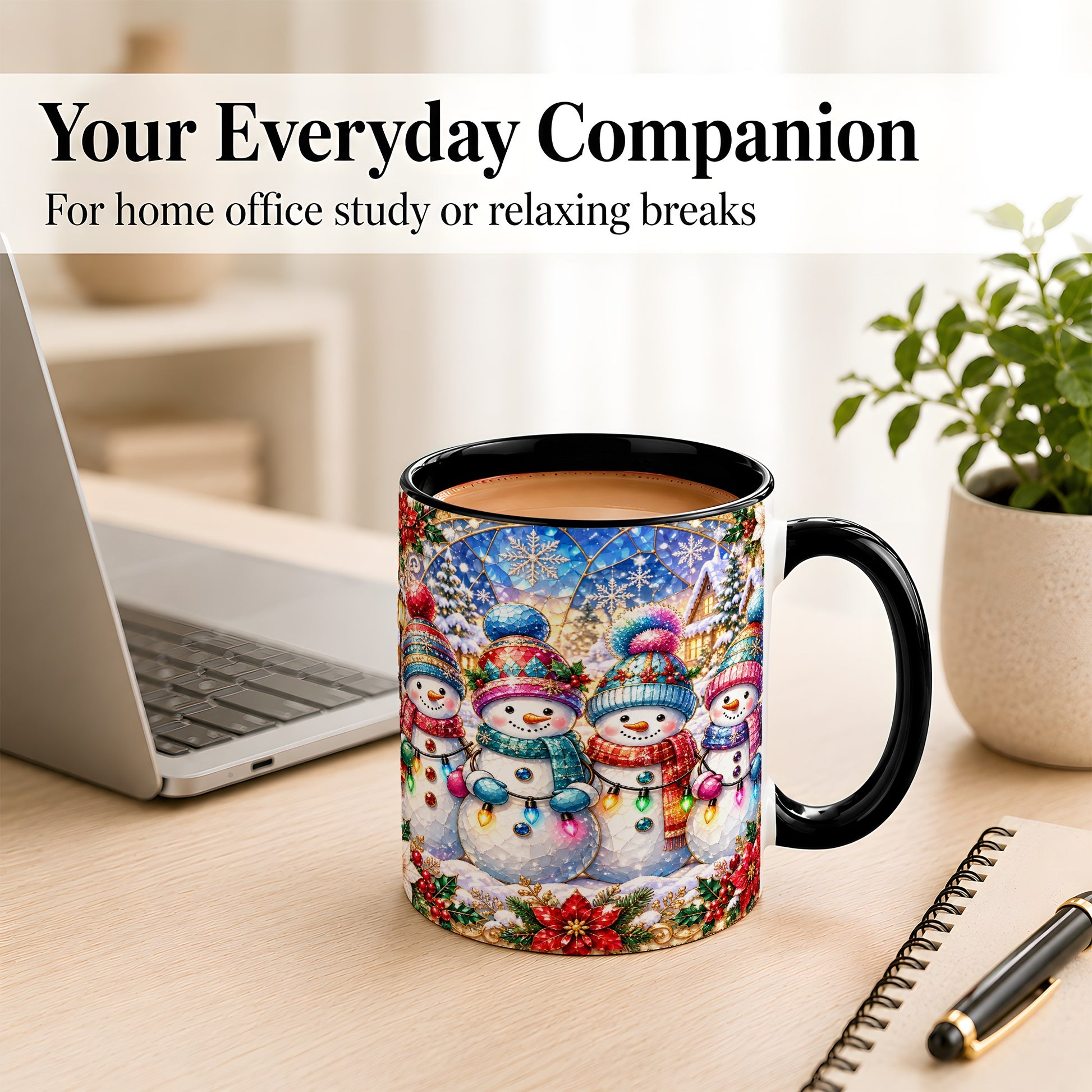 #pl[11oz|Black] Colorful Snowman Family Coffee Mug, Winter Lights Mug, Ceramic Cup
