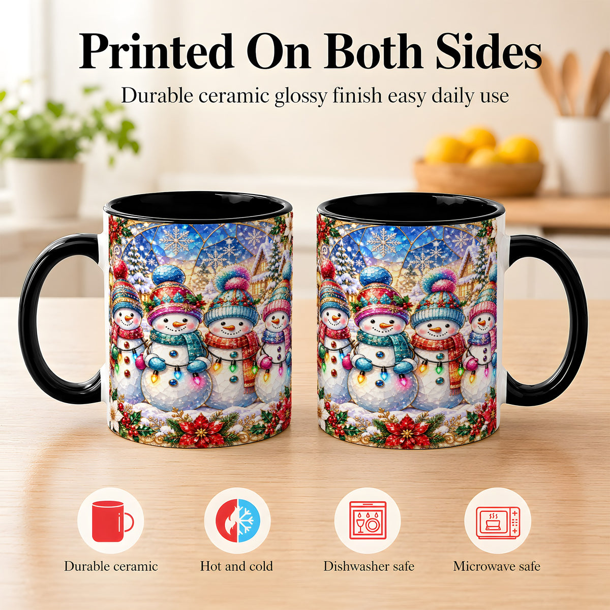 #pl[11oz|Black] Colorful Snowman Family Coffee Mug, Winter Lights Mug, Ceramic Cup
