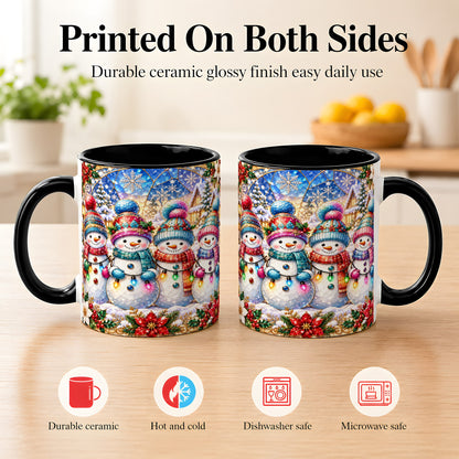 #pl[11oz|Black] Colorful Snowman Family Coffee Mug, Winter Lights Mug, Ceramic Cup