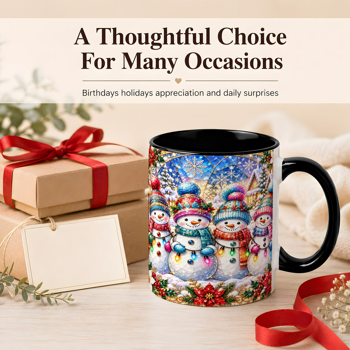 #pl[11oz|Black] Colorful Snowman Family Coffee Mug, Winter Lights Mug, Ceramic Cup