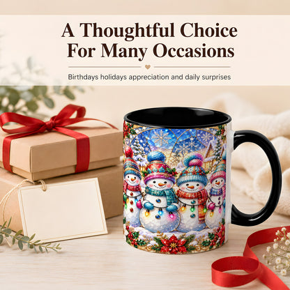 #pl[11oz|Black] Colorful Snowman Family Coffee Mug, Winter Lights Mug, Ceramic Cup