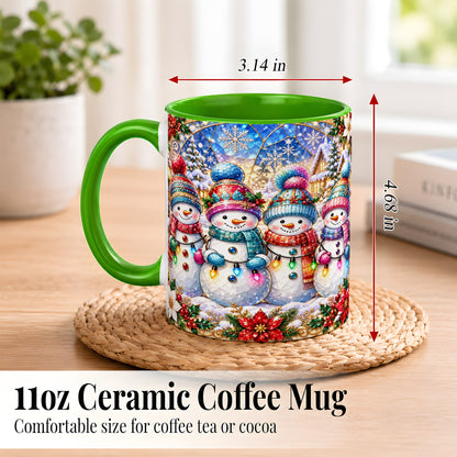 #pl[11oz|Green] Colorful Snowman Family Coffee Mug, Winter Lights Mug, Ceramic Cup