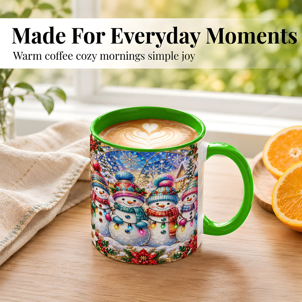 #pl[11oz|Green] Colorful Snowman Family Coffee Mug, Winter Lights Mug, Ceramic Cup