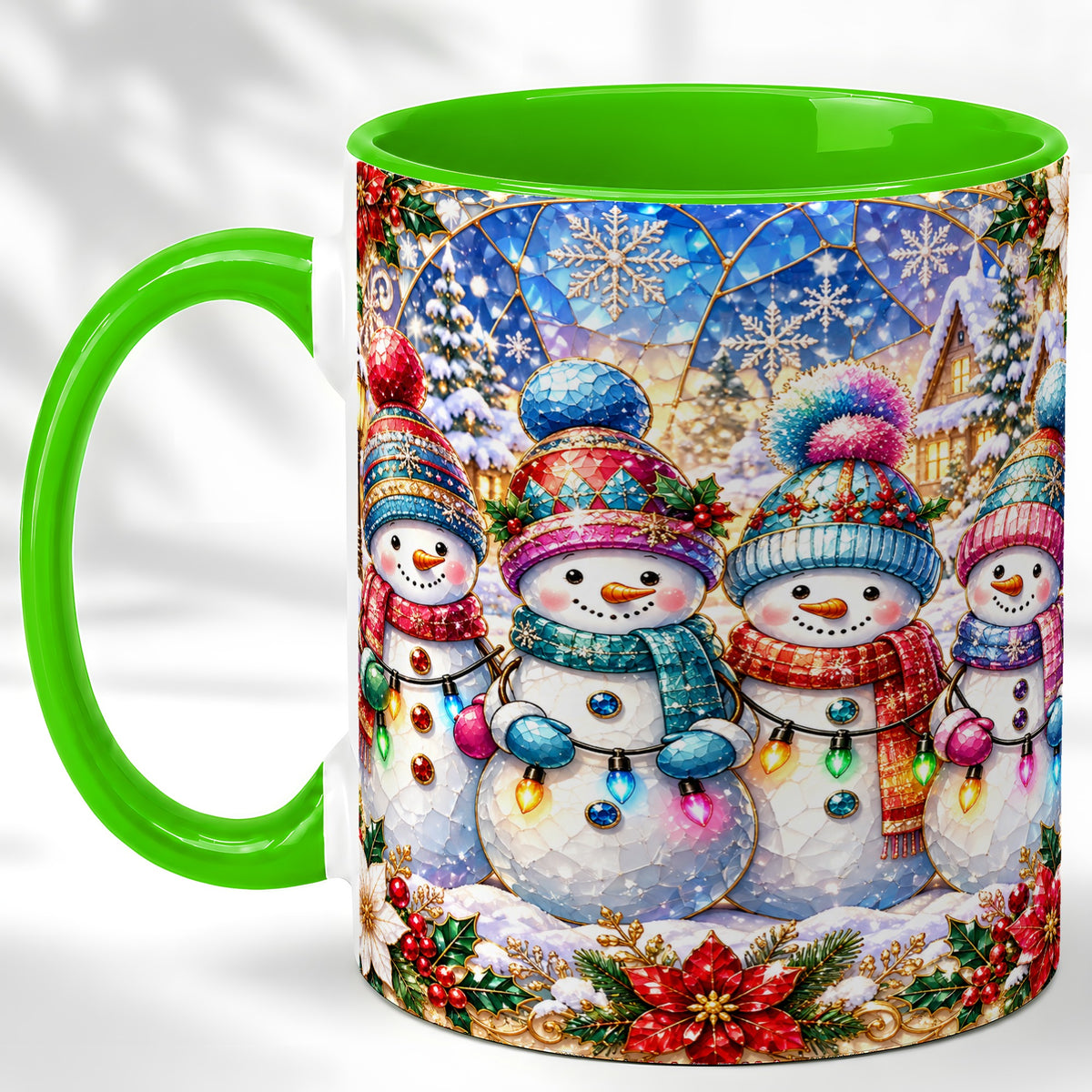#pl[11oz|Green] Colorful Snowman Family Coffee Mug, Winter Lights Mug, Ceramic Cup