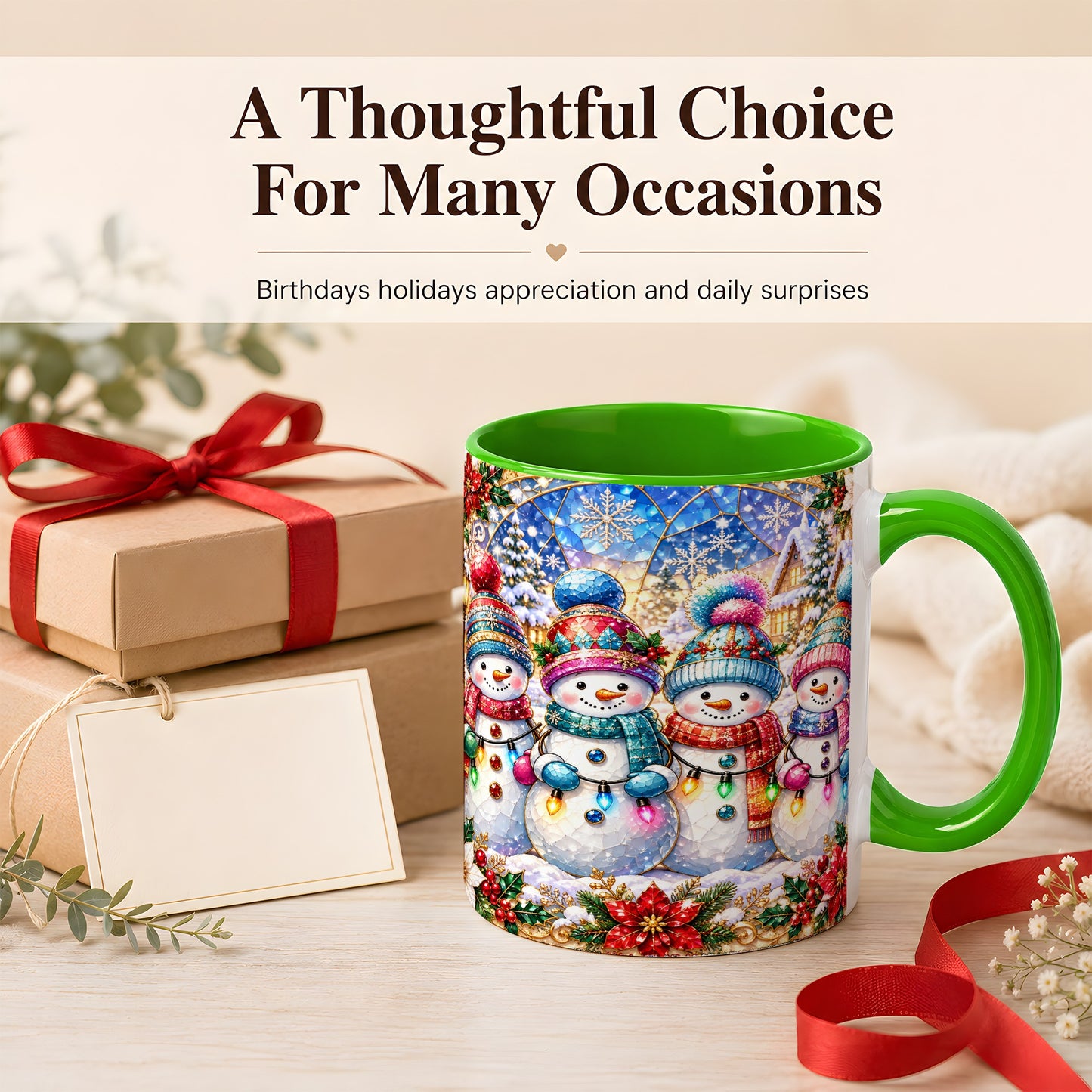 #pl[11oz|Green] Colorful Snowman Family Coffee Mug, Winter Lights Mug, Ceramic Cup