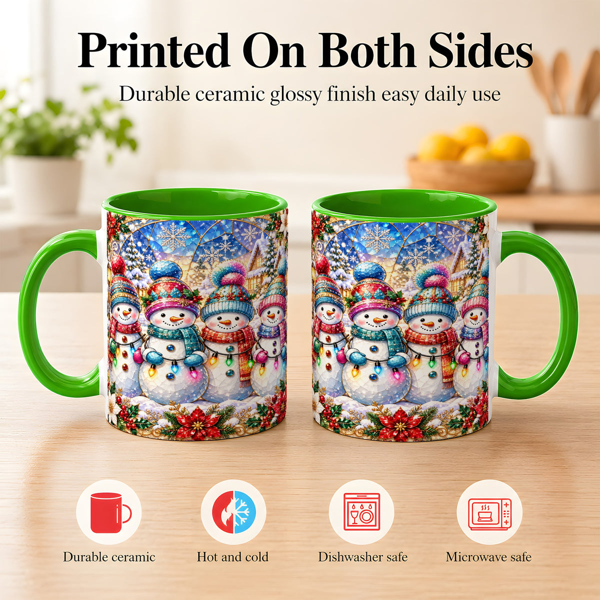 #pl[11oz|Green] Colorful Snowman Family Coffee Mug, Winter Lights Mug, Ceramic Cup