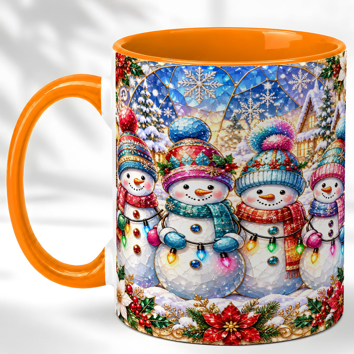 #pl[11oz|Orange] Colorful Snowman Family Coffee Mug, Winter Lights Mug, Ceramic Cup