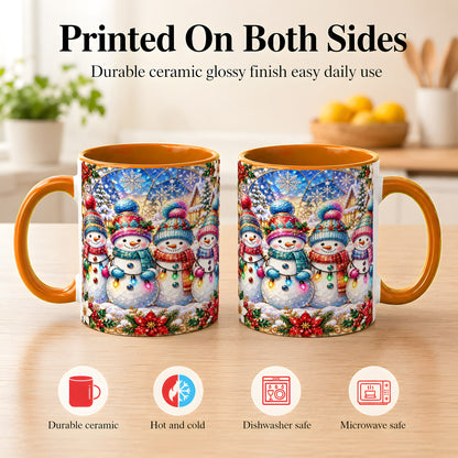 #pl[11oz|Orange] Colorful Snowman Family Coffee Mug, Winter Lights Mug, Ceramic Cup