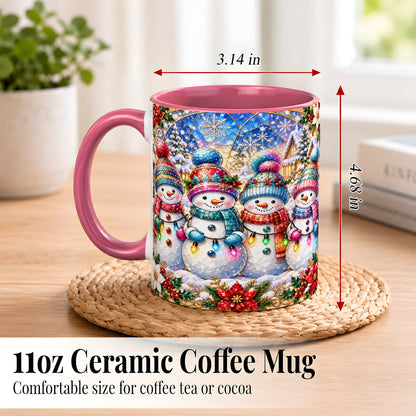 #pl[11oz|Pink] Colorful Snowman Family Coffee Mug, Winter Lights Mug, Ceramic Cup
