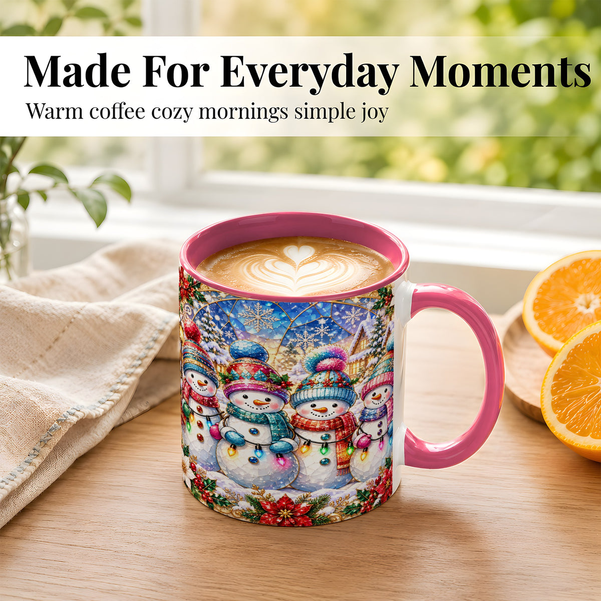 #pl[11oz|Pink] Colorful Snowman Family Coffee Mug, Winter Lights Mug, Ceramic Cup