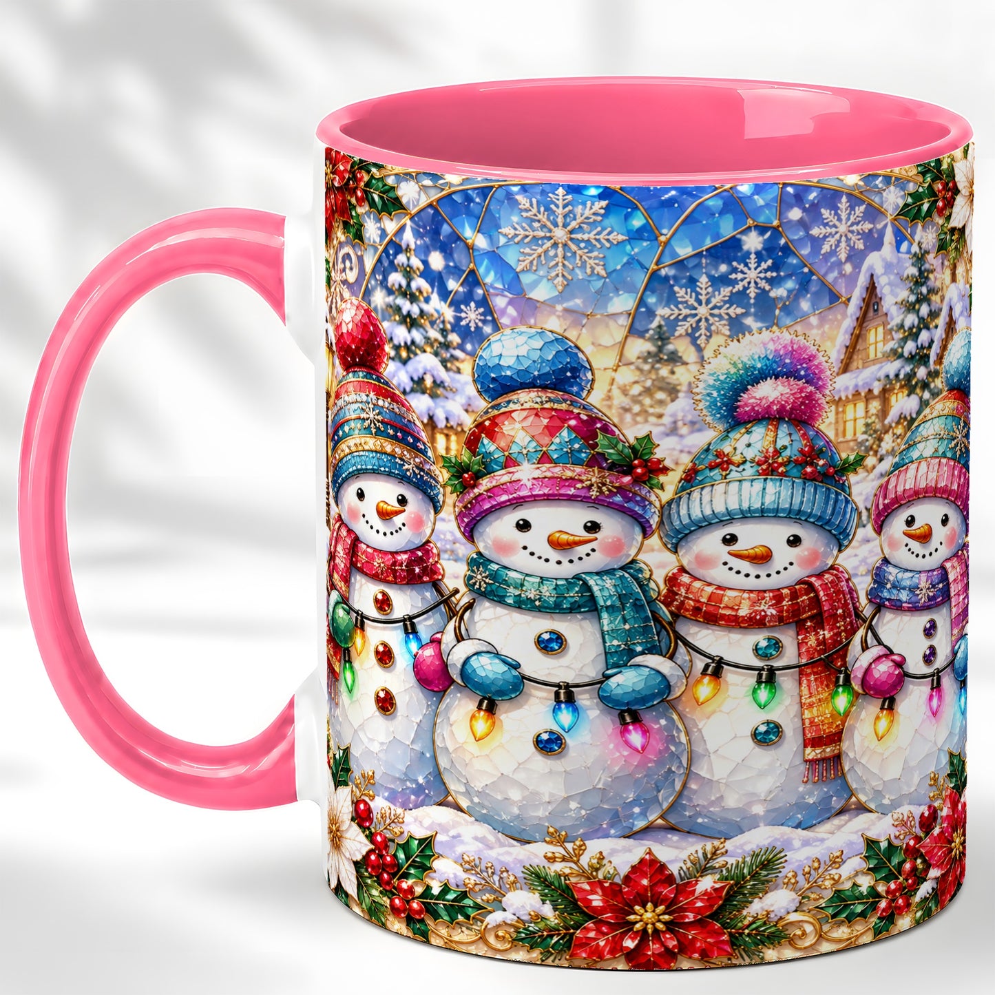 #pl[11oz|Pink] Colorful Snowman Family Coffee Mug, Winter Lights Mug, Ceramic Cup