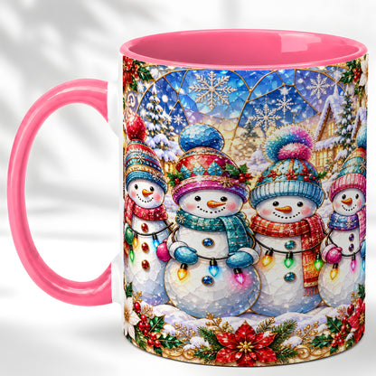 #pl[11oz|Pink] Colorful Snowman Family Coffee Mug, Winter Lights Mug, Ceramic Cup