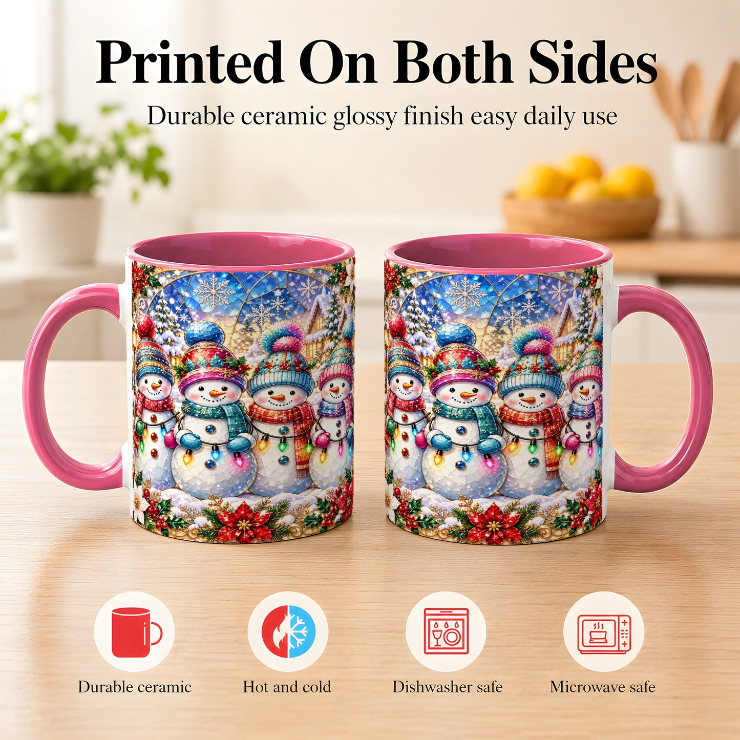 #pl[11oz|Pink] Colorful Snowman Family Coffee Mug, Winter Lights Mug, Ceramic Cup