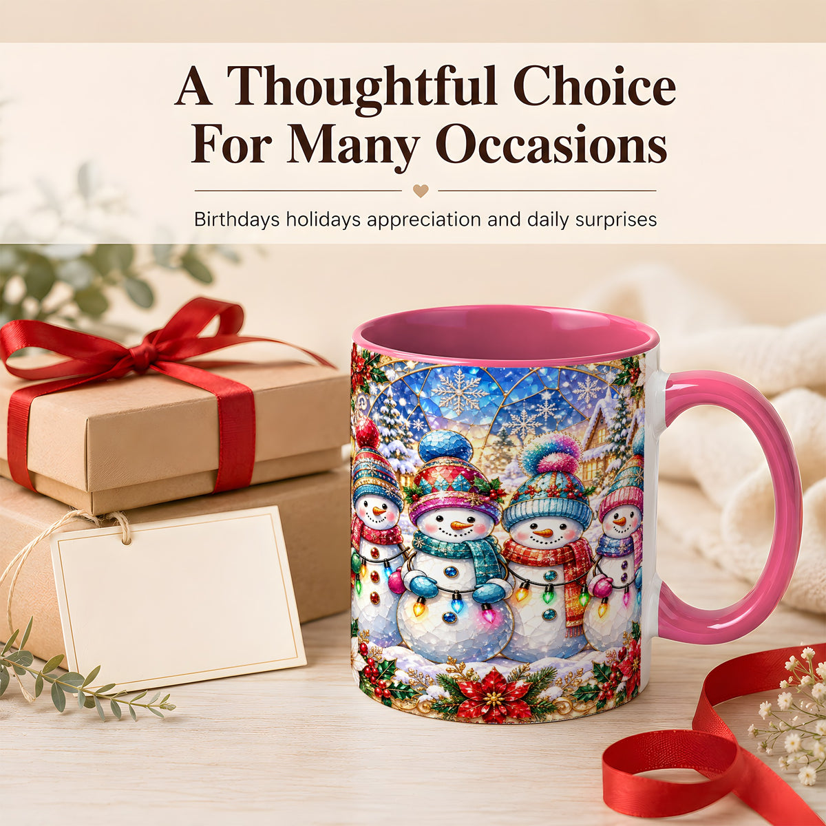 #pl[11oz|Pink] Colorful Snowman Family Coffee Mug, Winter Lights Mug, Ceramic Cup