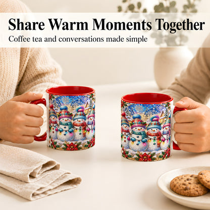 #pl[11oz|Red] Colorful Snowman Family Coffee Mug, Winter Lights Mug, Ceramic Cup