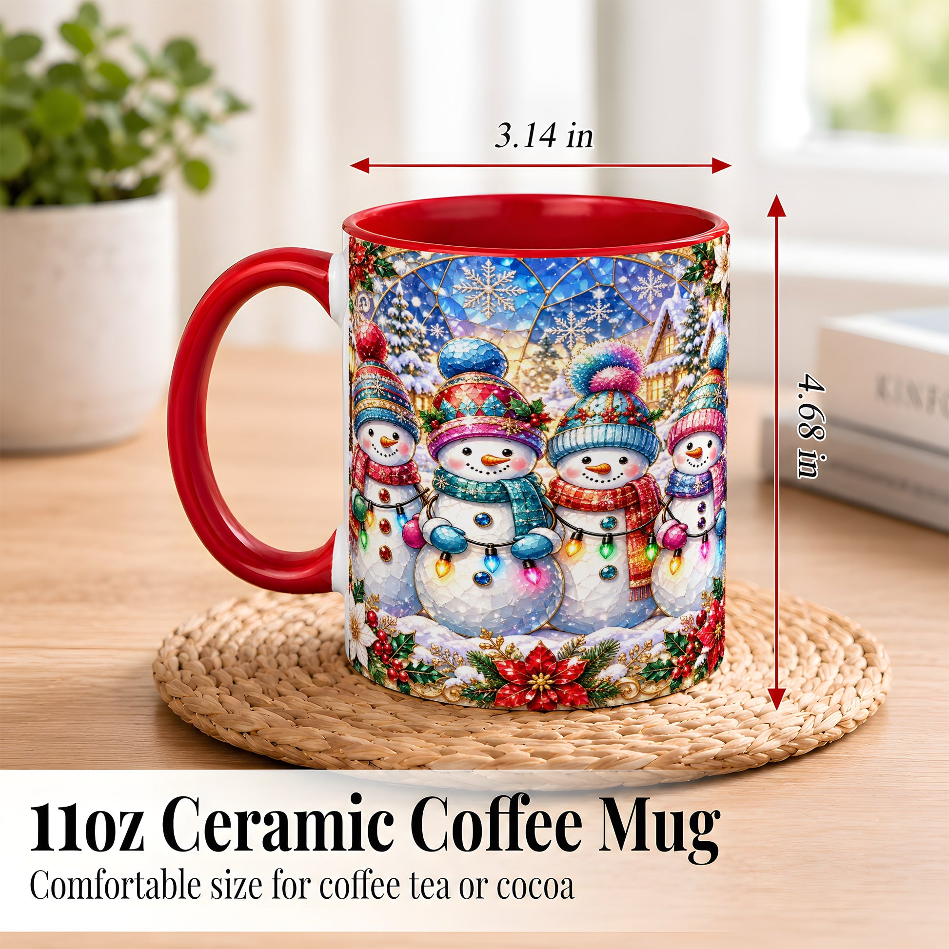 #pl[11oz|Red] Colorful Snowman Family Coffee Mug, Winter Lights Mug, Ceramic Cup