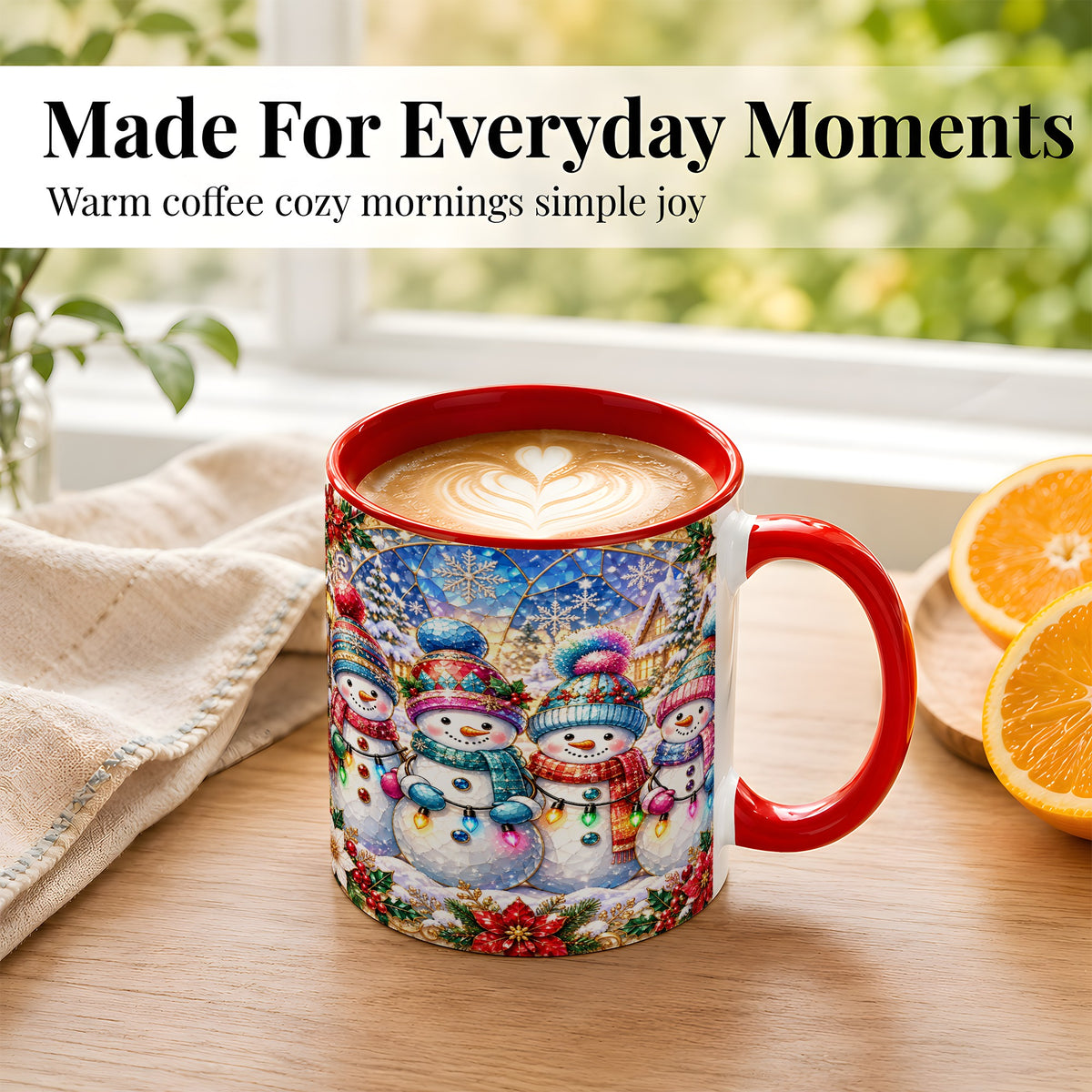 #pl[11oz|Red] Colorful Snowman Family Coffee Mug, Winter Lights Mug, Ceramic Cup