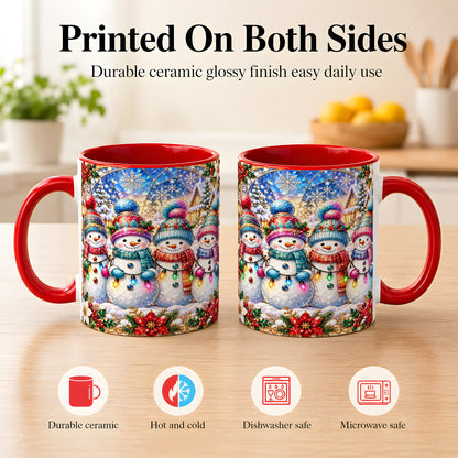 #pl[11oz|Red] Colorful Snowman Family Coffee Mug, Winter Lights Mug, Ceramic Cup