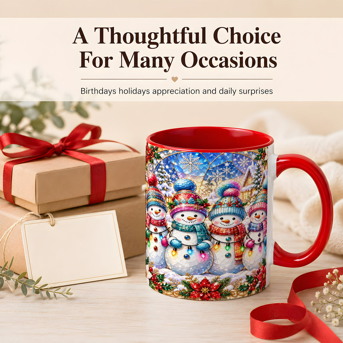 #pl[11oz|Red] Colorful Snowman Family Coffee Mug, Winter Lights Mug, Ceramic Cup