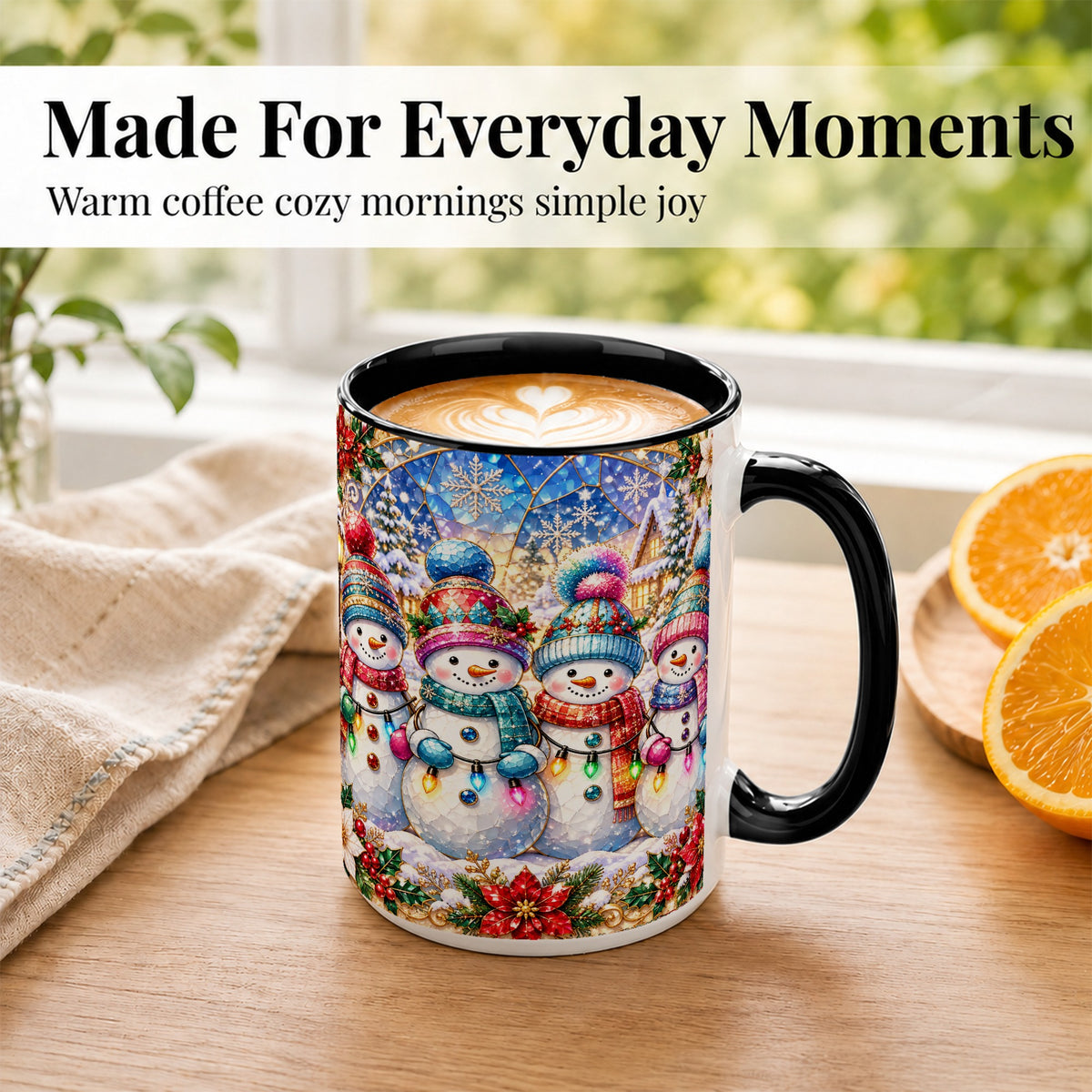#pl[15oz|Black] Colorful Snowman Family Coffee Mug, Winter Lights Mug, Ceramic Cup