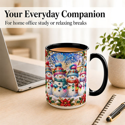 #pl[15oz|Black] Colorful Snowman Family Coffee Mug, Winter Lights Mug, Ceramic Cup