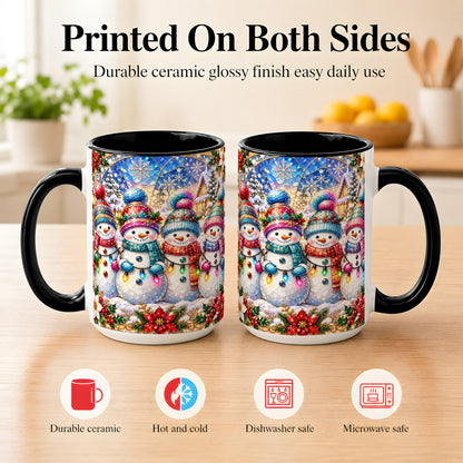 #pl[15oz|Black] Colorful Snowman Family Coffee Mug, Winter Lights Mug, Ceramic Cup