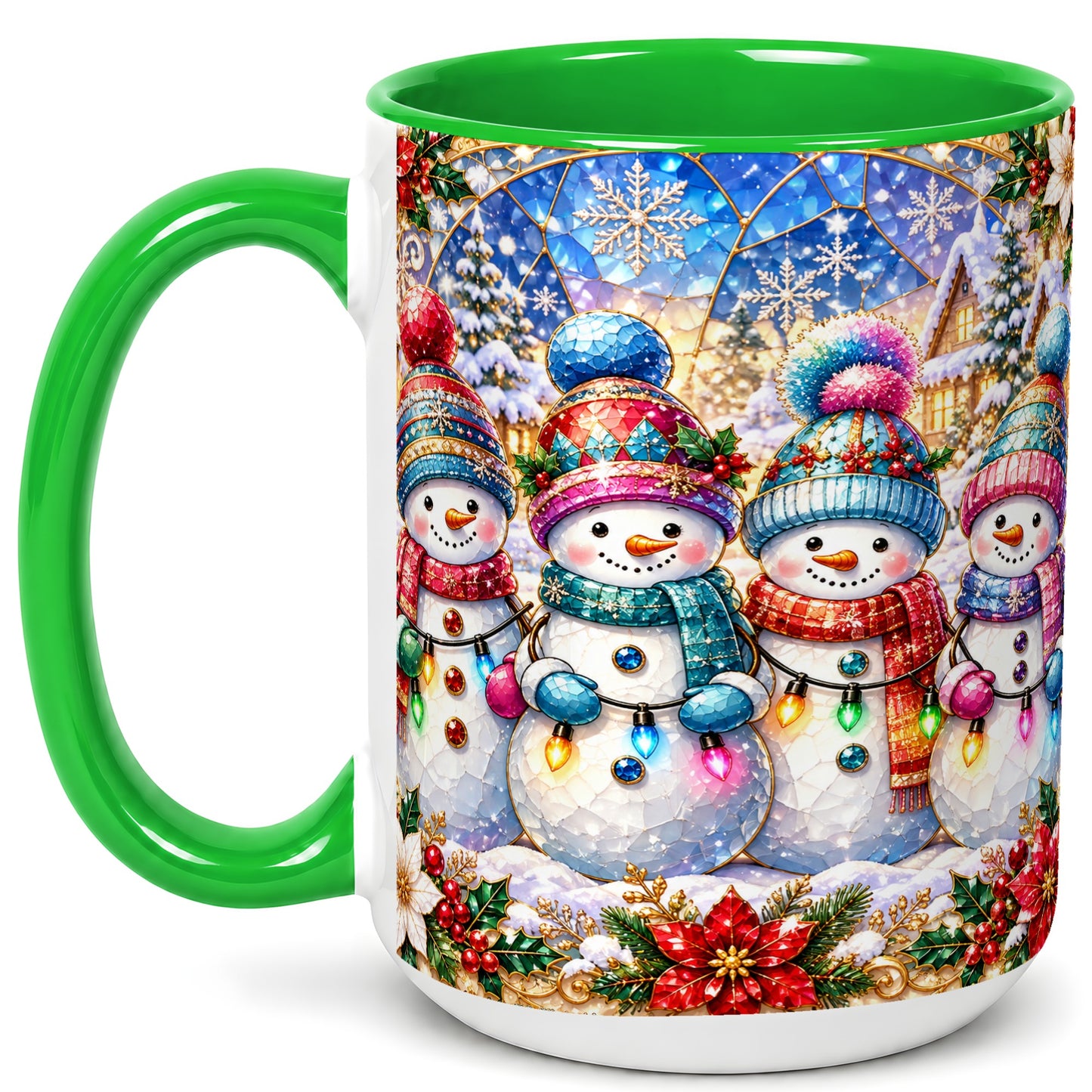 #pl[15oz|Green] Colorful Snowman Family Coffee Mug, Winter Lights Mug, Ceramic Cup