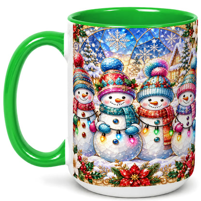 #pl[15oz|Green] Colorful Snowman Family Coffee Mug, Winter Lights Mug, Ceramic Cup