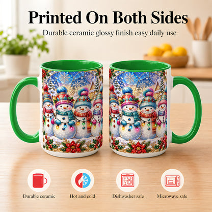 #pl[15oz|Green] Colorful Snowman Family Coffee Mug, Winter Lights Mug, Ceramic Cup