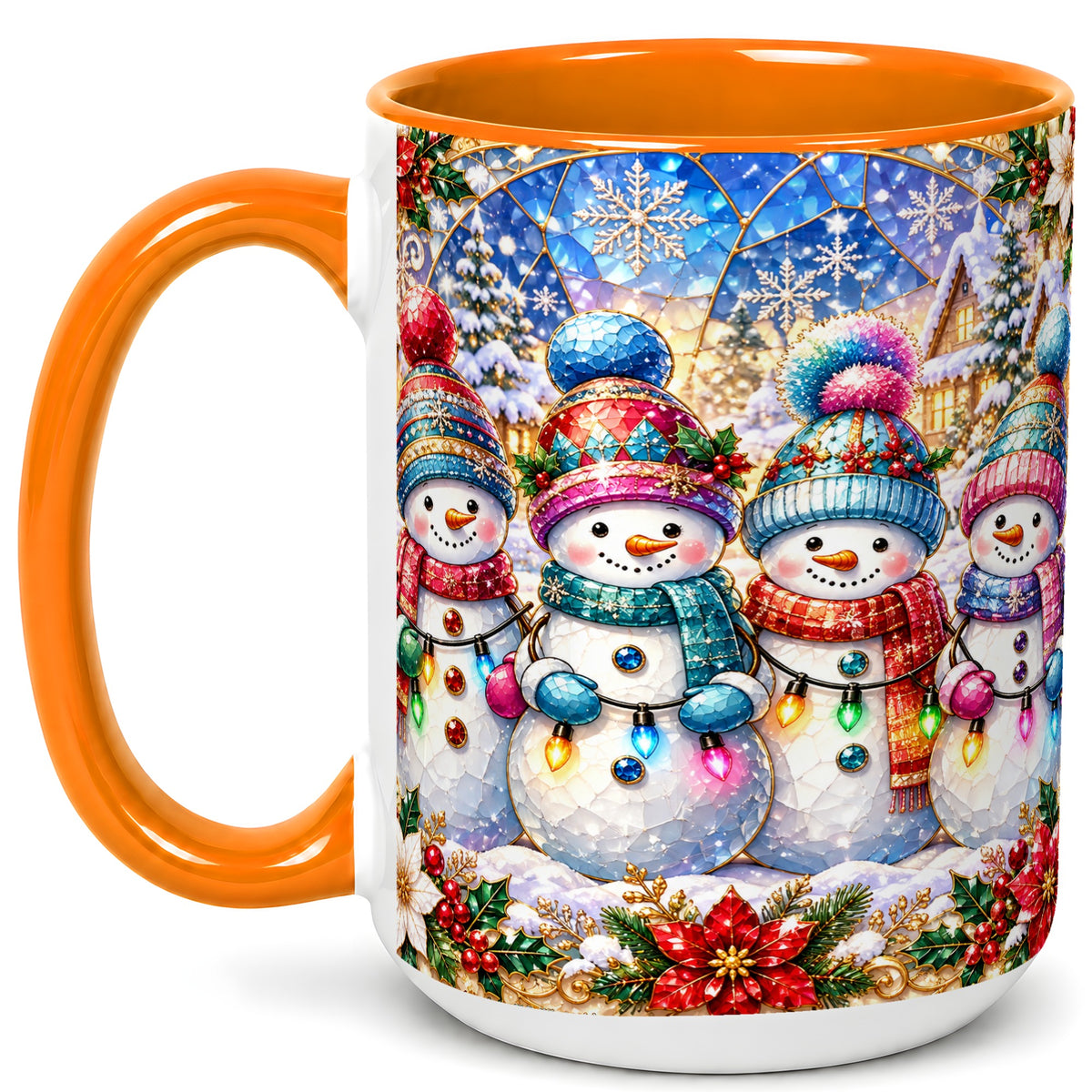 #pl[15oz|Orange] Colorful Snowman Family Coffee Mug, Winter Lights Mug, Ceramic Cup