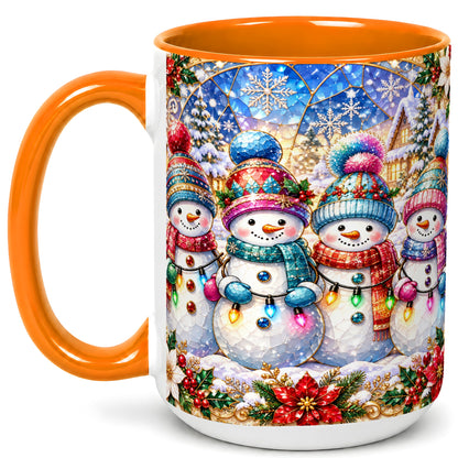 #pl[15oz|Orange] Colorful Snowman Family Coffee Mug, Winter Lights Mug, Ceramic Cup